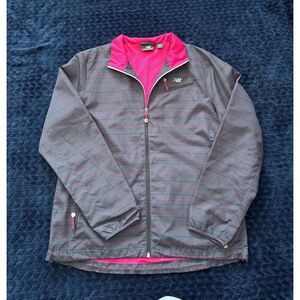 New Balance Women's Hooded‎ Windbreaker Jacket Gray Pink Striped Size L
